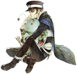 1boy atlus black_hair cape demon devil_summoner hat karuta_shiki kuzunoha_raidou male_focus mothman mothman_(megami_tensei) shako_cap shin_megami_tensei