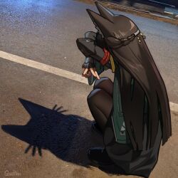 1girl absurdres animal_ears black_gloves black_hair black_pantyhose black_shoes black_skirt braid commentary crossed_arms fingerless_gloves fox_ears fox_girl from_side gauntlets gloves hair_ornament half_up_braid highres hoshimi_miyabi long_hair pantyhose photo-referenced quilm screenshot_background shoes signature silhouette single_fingerless_glove single_gauntlet skirt solo zenless_zone_zero