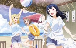 3girls :d apron arms_up artbook ball beach beach_umbrella beachball blonde_hair blue_eyes blue_hair blue_shorts blue_sky blush braid breasts cloud cloudy_sky collarbone crown_braid day denim denim_shorts grey_hair hair_bun hair_rings highres holding innertube long_hair love_live! love_live!_sunshine!! medium_breasts midriff multiple_girls navel non-web_source ocean official_art ohara_mari open_mouth outdoors purple_eyes sandals shirt short_hair short_shorts short_sleeves shorts sky smile swim_ring teeth tied_shirt tsushima_yoshiko umbrella upper_teeth_only watanabe_you white_shirt yellow_eyes