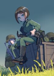 1girl absurdres belt boots brown_hair erica_(naze1940) grass gun hat helmet highres holding holding_weapon military military_uniform mp40 original short_hair soldier submachine_gun utility_belt weapon wire_cutters world_war_ii