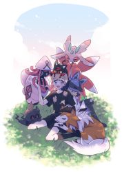 1other androgynous black_shirt black_skirt blush creature creatures_(company) game_freak gen_4_pokemon gen_7_pokemon highres legendary_pokemon litten looking_at_viewer love-with---pizza lucario lurantis lycanroc lycanroc_(dusk) marshadow marshadow_(gloom) mythical_pokemon nintendo on_head on_lap original pokemon pokemon_(creature) pokemon_on_head pokemon_on_lap shirt skirt tapu_lele