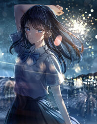 Rule 34 | 1girl, absurdres, arm over head, black hair, black skirt, blue eyes, blush, city lights, commentary, fireworks, harbor, highres, holding, holding fireworks, lens flare, long hair, night, original, outdoors, parted lips, sakura (39ra), school uniform, shirt, short sleeves, skirt, sky, solo, sparkler, standing, white shirt