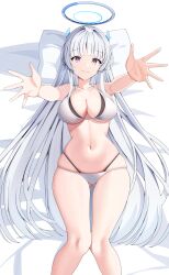 Rule 34 | 1girl, absurdres, alternate costume, bikini, blue archive, blunt bangs, breasts, closed mouth, feet out of frame, gluteal fold, halo, highres, large breasts, long hair, looking at viewer, lying, navel, noa (blue archive), on back, outstretched arms, pillow, purple eyes, skindentation, smile, sob (submar1089), solo, stomach, swimsuit, thighs, white bikini, white hair