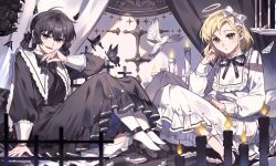 Rule 34 | 2girls, absurdres, alternate costume, artist name, bird, black bow, black bowtie, black butterfly, black dress, black eyes, black flower, black hair, black ribbon, black rose, blonde hair, bow, bowtie, brown eyes, bug, butterfly, candle, commentary, cross, dove, drawn horns, drawn wings, dress, english commentary, flower, frills, full body, hair bow, hair rings, halo, highres, insect, long sleeves, multiple girls, neck ribbon, omniscient reader&#039;s viewpoint, papercider, ribbon, rose, shin yoosung, short hair, sitting, smile, white bow, white dress, yoo mia