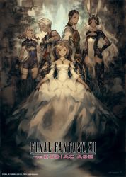 2boys 3girls absurdres animal_ears arm_rest ashelia_b&#039;nargin_dalmasca balflear bracer brown_hair chair copyright_name dark-skinned_female dark_skin dress final_fantasy final_fantasy_xii fran_(ff12) gauntlets hand_on_another&#039;s_shoulder hand_on_own_hip highres incredibly_absurdres jewelry long_hair looking_at_viewer low_twintails multiple_boys multiple_girls necklace official_art pelvic_curtain penelo rabbit_ears short_hair sleeveless smile square_enix thighhighs twintails vaan_(ff12) very_long_hair vest viera white_dress white_hair yoshida_akihiko