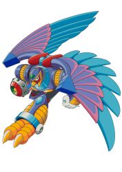 1boy absurdres arm_cannon armor beak bird eagle forehead_jewel full_body green_eyes highres k1ok_ka mega_man_(series) mega_man_x1 mega_man_x_(series) non-humanoid_robot purple_armor robot robot_animal robot_bird simple_background solo storm_eagle_(mega_man) weapon white_background