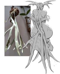 1girl animal_print ass back bare_shoulders bat_print bat_wings darkstalkers demon_girl grey_scales highres kaell_sillva long_hair morrigan_aensland pantyhose photo-referenced simple_background solo white_background wings