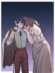 Rule 34 | 1girl, bishoujo senshi sailor moon, blue hair, blue necktie, breasts, brown hair, brown pants, brown suit, closed eyes, collarbone, collared shirt, dress, dress shirt, earrings, formal clothes, glasses, grey dress, grey vest, hair bobbles, hair ornament, head on another&#039;s shoulder, highres, jacket, jewelry, kino makoto, long hair, mercuri0ff, mizuno ami, muscular, muscular female, necktie, pants, parted bangs, ponytail, shirt, short hair, small breasts, solo, suit, tomboy, unworn jacket, vest, white shirt