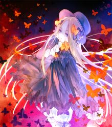 1girl abigail_williams_(fate) black_bow black_dress black_hat blonde_hair bloomers blue_eyes bow bug butterfly commentary_request cowboy_shot dress fate/grand_order fate_(series) female_focus hair_bow hands_in_opposite_sleeves hat head_tilt insect long_hair long_sleeves looking_at_viewer looking_to_the_side orange_bow parted_bangs parted_lips polka_dot polka_dot_bow solo standing underwear very_long_hair white_bloomers yuasa_akira