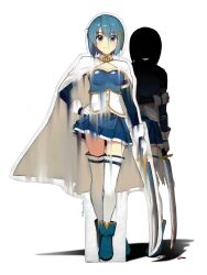 blue_boots blue_dress blue_eyes blue_hair boots cape cardboard_cutout closed_mouth detached_collar dress fortissimo full_body hair_ornament hand_on_own_arm hand_on_own_hip highres holding holding_sword holding_weapon looking_at_viewer mahou_shoujo_madoka_magica miki_sayaka miki_sayaka_(magical_girl) musical_note musical_note_hair_ornament natsunomomo0123 open_mouth shadow short_hair simple_background smile standing sword thighhighs weapon white_background white_cape white_dress white_thighhighs zettai_ryouiki