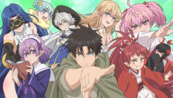 1boy akahame_(fugukantei) alice_(fugukantei) blush ein_(fugukantei) female_focus fuguushoku_&quot;kanteishi&quot;_ga_jitsu_wa_saikyou_datta fuguushoku_[kanteishi]_ga_jitsu_wa_saikyou_datta_naraku_de_kitaeta_saikyou_no_[shingan]_de_musou_suru green_background happy highres japanese_clothes kimono kimono_dress kurohime_(fugukantei) long_hair looking_at_viewer male_focus may_(fugukantei) multiple_girls pina_(fugukantei) smile smiley_face ursula_(fugukantei) yuri_(fugukantei)