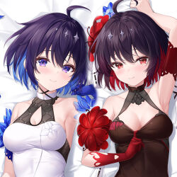 2girls ahoge bed_sheet black_dress black_hair blue_eyes blue_hair blush blush_stickers breasts cleavage_cutout closed_mouth clothes_pull clothing_cutout colored_inner_hair dakimakura_(medium) dress dress_pull elbow_gloves flower gloves hair_bun hair_flower hair_ornament haitundm halter_dress halterneck honkai_(series) honkai_impact_3rd impossible_clothes impossible_dress lying medium_breasts multicolored_hair multiple_girls official_alternate_costume on_back pulling_own_clothes red_eyes red_gloves seele_(alter_ego) seele_vollerei seele_vollerei_(mirrored_flourishes) seele_vollerei_(stygian_nymph) single_hair_bun skin_tight smile two-tone_hair upper_body white_dress