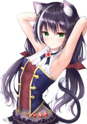 Rule 34 | absurdres, andason sanda, animal ear fluff, animal ears, armpits, arms behind head, arms up, black hair, blue sleeves, blush, bow, cat ears, cat girl, cat tail, green eyes, highres, karyl (princess connect!), looking at viewer, multicolored hair, princess connect!, red bow, skirt, solo, streaked hair, tail, tail raised, white hair