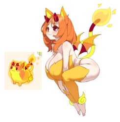1girl :3 absurdres animal_ears barefoot blush breasts cat_ears cat_tail copyright_request covered_erect_nipples demon_wings detached_leggings elomil fiery_tail from_side full_body highres horns huge_breasts long_hair looking_up orange_hair orange_thighhighs red_eyes revealing_clothes simple_background solo tail thighhighs white_background wings yellow_wings