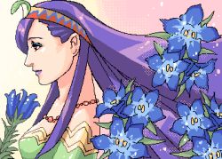 1girl bare_shoulders chrono_(series) chrono_cross collarbone dress eyeshadow female_focus flower from_side gentiana_(flower) green_dress headpiece jewelry long_hair lowres makeup necklace pearl_necklace purple_hair red_eyes riddel smiley_face solo very_long_hair