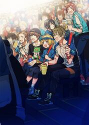 6+boys ahoge alcohol aqua_jacket beer beer_mug binoculars black_boots black_hair black_hat black_pants black_shirt black_shorts blonde_hair blue_hat blue_jacket blue_pants blurry blurry_background blush boots brown_hair character_request closed_eyes collarbone commentary_request cup disposable_cup full_body glasses green_eyes grey_eyes hair_between_eyes hat holding holding_binoculars holding_cup idolmaster idolmaster_side-m jacket kashiwagi_tsubasa looking_to_the_side male_focus mug multiple_boys nana_tetra open_mouth pants people ponytail purple_eyes red_eyes red_hair red_shoes sakuraba_kaoru shirt shoes short_hair shorts sitting sneakers socks stadium stuffed_animal stuffed_frog stuffed_toy tendo_teru white_shirt white_socks