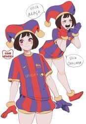 Rule 34 | 1girl, artist name, barcelona, catalan text, full body, glitch productions, gloves, hat, highres, jester, jester cap, kamii momoru, looking at viewer, multiple views, open mouth, outfit connection, pomni (the amazing digital circus), shirt, short hair, short shorts, shorts, smile, soccer uniform, sportswear, striped clothes, striped shirt, the amazing digital circus, two-tone background, white background