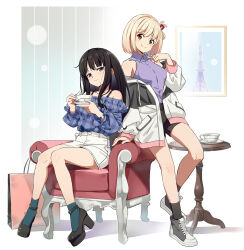 2girls arm_support armchair bag black_hair black_jacket black_shoes black_shorts black_socks blonde_hair blue_shirt bra_strap breasts casual chair closed_mouth collared_shirt commentary cup english_commentary green_socks hair_ribbon high_heels high_tops holding holding_cup holding_saucer inoue_takina jacket long_hair long_sleeves looking_at_viewer lycoris_recoil medium_breasts multicolored_jacket multiple_girls nishikigi_chisato nyoro_(nyoronyoro000) off-shoulder_shirt off_shoulder on_chair photo_(object) picture_frame plaid_clothes plaid_shirt purple_eyes purple_shirt red_eyes red_ribbon ribbon saucer shirt shoes short_hair shorts sitting skirt sleeveless sleeveless_shirt smile sneakers socks strappy_heels table teacup white_jacket white_skirt