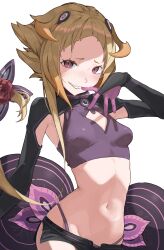 1girl black_shorts black_shrug black_sleeves blonde_hair breasts bridal_gauntlets capella_emerada_lugnica cleavage_cutout clothing_cutout crop_top flower gloves grin highleg highleg_panties highres micro_shorts midriff navel panties pink_gloves purple_panties re:zero_kara_hajimeru_isekai_seikatsu red_eyes red_flower red_rose rose short_hair_with_long_locks shorts shrug_(clothing) side_slit sidelocks simple_background skin_tight skindentation small_breasts smile solo stomach underwear urhika white_background