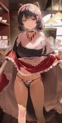 1girl absurdres animal_ears apron asymmetrical_bangs black_choker black_kimono black_panties choker closed_mouth clothes_lift commentary_request dog_ears frills glaring hair_ornament heterochromia highres holding holding_tray indoors inui_toko inui_toko_(1st_costume) japanese_clothes kimono kuroi_suna lifting_own_clothes long_hair long_skirt looking_down low_twintails maid maid_headdress nijisanji panties red_eyes shaded_face side-tie_panties skirt skirt_lift solo tray twintails underwear virtual_youtuber wa_maid white_apron wide_sleeves yellow_eyes