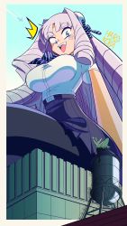 1girl absurdres belt belt_buckle black_pantyhose breasts buckle building double_bun drill_hair fujido_oriko giant giant_ojou-sama giantess hair_bun hair_intakes hardkoba highres large_breasts long_hair open_mouth oriko pantyhose parted_bangs pleated_skirt ribbon ringlets school_uniform shirt short_sleeves size_difference skirt surprised water_tower white_hair white_shirt