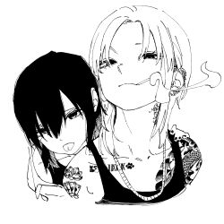 Rule 34 | 2girls, barbell piercing, bare shoulders, card tattoo, cat tattoo, cigarette, closed mouth, commentary request, cropped torso, dragon tattoo, ear piercing, earrings, flower tattoo, forked tongue, greyscale, hair between eyes, hand on another&#039;s shoulder, highres, industrial piercing, jewelry, long hair, looking at viewer, monochrome, multiple girls, multiple tattoos, neck tattoo, necklace, original, paw tattoo, piercing, shirt, simple background, sleeveless, sleeveless shirt, smoke, smoking, tattoo, tongue, untsuku, upper body, white background