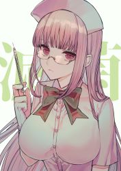 Rule 34 | 1girl, albino (a1b1n0623), bad id, bad twitter id, bow, breasts, fate/grand order, fate (series), florence nightingale (fate), florence nightingale (santa) (fate), glasses, gloves, hat, highres, large breasts, long hair, nurse, nurse cap, pink eyes, pink hair, solo, syringe, white gloves