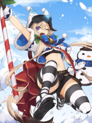 1girl animal_ear_headwear arknights artist_logo asicah bell belt black_shirt black_shorts boots bow bowtie brown_hair capelet cardigan_(arknights) cardigan_(cheerful_guardian)_(arknights) day fake_animal_ears fangs gloves goggles goggles_on_head hat holly jumping logo long_hair looking_at_viewer male_focus midriff navel neck_bell open_mouth outdoors panties panty_peek purple_eyes shirt shorts smile snow solo striped_clothes striped_thighhighs tail thighhighs underwear white_boots white_gloves white_hat white_panties