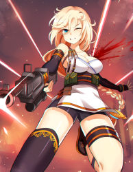 00s 1girl belt bike_shorts black_gloves black_thighhighs blonde_hair blood blue_eyes braid breasts cleavage clenched_teeth dungeon_and_fighter elbow_gloves elsword female_focus female_gunner_(dungeon_and_fighter) fingerless_gloves freyja_(elsword) gloves gun injury large_breasts long_hair male_gunner_(dungeon_and_fighter) male_ranger_(dungeon_and_fighter) one_eye_closed onigensou rose_(elsword) shirt shoes single_braid single_thighhigh solo teeth thighhighs weapon white_shirt wince