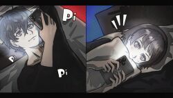 1boy 1girl amamiya_ren bed_sheet black_hair black_shirt blunt_bangs braid brown_hair cellphone chapinor commentary crown_braid hair_between_eyes highres holding holding_phone hugging_object looking_at_phone lying niijima_makoto on_back on_side persona persona_5 phone pillow pillow_bite pillow_hug red_eyes shirt short_hair text_messaging upper_body