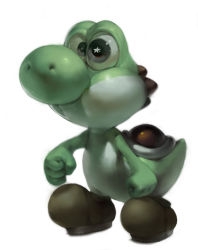 +_+ black_eyes brown_shoes clenched_hands creature dinosaur full_body koki_(ryoushikiha) mario_(series) nintendo no_humans shoes simple_background solo standing star-shaped_pupils star_(symbol) super_mario_world_2:_yoshi&#039;s_island symbol-shaped_pupils white_background yoshi
