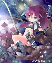 10s 1girl blue_eyes bow_(weapon) female_focus flat_chest highres long_hair looking_at_viewer official_art original ponytail purple_hair saru shingeki_no_bahamut solo trainee_amazoness weapon