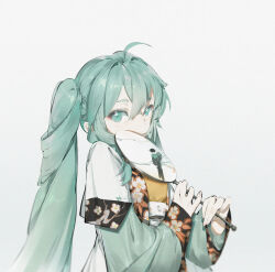 1girl absurdres ahoge animal_print aqua_eyes aqua_hair banbi bird_print c-up chinese_clothes eyeshadow floral_print_hanfu hand_fan hanfu hatsune_miku highres long_hair long_sleeves looking_at_viewer makeup pale_color pale_skin red_eyeshadow shirt skirt solo tuanshan upper_body vocaloid white_background white_skirt yellow_shirt