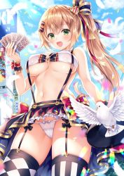 1girl argyle_clothes argyle_thighhighs bikini bikini_top_only bird blonde_hair blue_sky blush breasts building cameltoe card choker cloud covered_erect_nipples cowboy_shot day dove fang feathers female_focus frilled_choker frilled_skirt frills garter_belt garter_straps green_eyes groin hair_between_eyes hat holding holding_card holding_hat holding_unworn_clothes large_breasts light_particles long_hair looking_at_viewer lowleg lowleg_panties magician miniskirt mitsuba_choco navel open_mouth original outdoors panties ribbon ribbon-trimmed_underwear ribbon_trim side_ponytail sidelocks skin_fang skindentation skirt sky smile solo standing stomach striped_clothes striped_thighhighs suspenders swimsuit thighhighs thighs top_hat underboob underwear unworn_hat unworn_headwear very_long_hair white_panties wrist_ribbon
