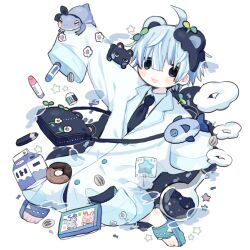 1boy :3 ahoge animal_ears arm_up bag bear_ears black_bag black_eyes black_necktie blue_sandals buttons candy collared_shirt commentary_request cotono_(nazekun) crayon donut eraser flask flower food frog full_body grey_hair hair_between_eyes highres lab_coat lapels lollipop male_focus milk_carton necktie notched_lapels original pocket round-bottom_flask sandals shirt short_hair smile solo sprout_on_head star_(symbol) stuffed_animal stuffed_fish stuffed_toy white_flower white_shirt wrapped_lollipop