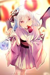 1girl :o bag bat_wings blurry blurry_foreground candy_apple commentary_request feet_out_of_frame female_focus fish flower food hair_between_eyes hair_flower hair_ornament hair_ribbon hand_up head_tilt highres holding holding_food japanese_clothes kimono long_sleeves looking_at_viewer nail_polish no_headwear obi open_mouth pink_kimono plastic_bag red_eyes red_flower red_nails red_ribbon red_rose red_sash remilia_scarlet ribbon ribbon_trim rose sash short_hair silver_hair solo standing touhou wide_sleeves wings yuki_(popopo)
