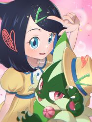 1girl :d amedamaneko black_hair blue_eyes blue_hair colored_inner_hair creatures_(company) dress floragato game_freak hair_ornament hairclip hat heart highres liko_(pokemon) looking_at_viewer multicolored_hair nintendo official_alternate_costume open_mouth pokemon pokemon_(anime) pokemon_(creature) pokemon_horizons puffy_short_sleeves puffy_sleeves short_hair short_sleeves smile twitter_username two-tone_hair yellow_dress