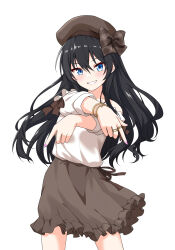Rule 34 | 1boy, bellezza felutia, beret, bibbidiba (hololive), black hair, blue eyes, blush, bow, bracelet, brown bow, brown hat, brown skirt, commentary, cowboy shot, dancing, felutiahime, grin, hat, hat bow, highres, jewelry, long hair, long sleeves, looking at viewer, male focus, miniskirt, nail polish, original, outstretched arms, plaid bow, purple nails, ring, shirt, simple background, skirt, smile, solo, standing, teeth, trap, white background, white shirt