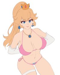 1girl absurdres bikini blonde_hair blue_eyes breasts cleavage closed_mouth crown daymandraws earrings elbow_gloves gloves highres jewelry large_breasts lipstick long_hair looking_at_viewer makeup mario_(series) navel nintendo pink_bikini ponytail princess_peach simple_background smile solo sphere_earrings stomach swimsuit thigh_strap white_background white_gloves