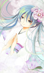 1girl aqua_eyes aqua_hair bad_id bad_pixiv_id female_focus flower hair_flower hair_ornament hatsune_miku highres ichitaro japanese_clothes kimono long_hair obi sash solo twintails very_long_hair vocaloid