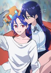 1boy 1girl absurdres artist_name black_hair blue_hair conch_(gundam) gloves gundam gundam_gquuuuuux highres nyaan_(gundam_gquuuuuux) red_eyes shuji_ito signature smile tsugomori_kai twitter_username yellow_eyes