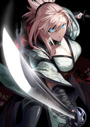Rule 34 | 1girl, bakeneko38, bandaged arm, bandages, blue eyes, breasts, cleavage, commentary request, dual wielding, fate/samurai remnant, fate (series), glowing, glowing eyes, highres, holding, holding sword, holding weapon, japanese clothes, jewelry, katana, kimono, large breasts, long sleeves, looking at viewer, magatama, magatama necklace, miyamoto musashi (fate), miyamoto musashi (woman of niten ichiryuu) (fate), necklace, pink hair, print kimono, sword, weapon, white kimono