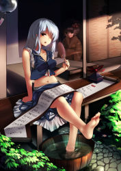 2girls adapted_costume bad_id bad_pixiv_id barefoot blue_nails bucket cofepig crop_top hand_fan feet female_focus hat unworn_hat unworn_headwear hieda_no_akyuu hot japanese_clothes kamishirasawa_keine kimono long_toenails midriff multiple_girls nail_polish navel one_eye_closed paper_fan porch scroll sitting soaking_feet soles sunset sweat toenail_polish toenails toes touhou uchiwa veranda water wince wink