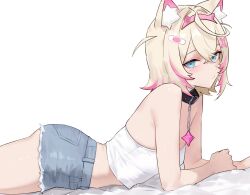 1girl absurdres animal_collar animal_ear_fluff animal_ears ass bandaid bandaid_hair_ornament bare_arms bed_sheet black_collar blonde_hair blue_eyes blue_shorts bluefield braid breasts camisole collar commentary crop_top crossed_bangs denim denim_shorts dog_ears dog_girl dog_tail double-parted_bangs frayed_shorts from_side hair_between_eyes hair_intakes hair_ornament hairband hairclip highres hololive hololive_english horn_hairband looking_at_viewer lying midriff mococo_abyssgard multicolored_hair on_stomach pink_hair pink_hairband short_hair short_shorts shorts side_braids simple_background small_breasts solo spiked_collar spikes streaked_hair tail two_side_up virtual_youtuber white_background white_camisole x_hair_ornament