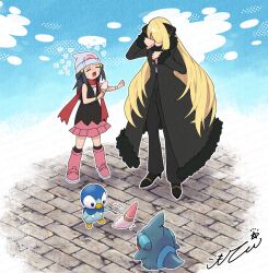 2girls black_coat black_hair black_pants black_shirt black_shoes boots closed_eyes cloud coat cynthia_(pokemon) dawn_(pokemon) flying_sweatdrops food full_body gen_4_pokemon gible hair_ornament hairclip hat high_heels holding holding_ice_cream_cone holding_spoon ice_cream ice_cream_cone ice_cream_cone_spill komoten_(yuigadokusontei) long_hair long_sleeves multiple_girls nintendo open_mouth outline pants pink_boots pink_skirt piplup pokemon pokemon_(creature) pokemon_dppt red_scarf scarf shirt shoes signature skirt sleeveless sleeveless_shirt spoon sweat very_long_hair white_hat white_outline