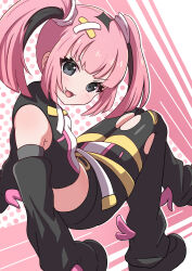 1girl :d absurdres bare_shoulders belt black_eyes black_hair black_pants black_shirt black_shoes blunt_bangs breasts commentary_request coral_(pokemon) eyelashes fang highres long_sleeves looking_at_viewer nintendo off_shoulder open_mouth pants pink_hair pokemon pokemon_(anime) pokemon_horizons rono_(lethys) shirt shoes sleeves_past_fingers sleeves_past_wrists small_breasts smile solo torn_clothes torn_pants twintails