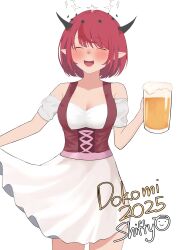 1girl absurdres alcohol artist_name bare_shoulders beer beer_mug black_horns blush breasts cleavage cowboy_shot cup double_halo dress fang halo highres hololive hololive_english horns irys_(hololive) medium_breasts mug multicolored_hair open_mouth pointy_ears purple_hair red_hair shift_(shiftillust) simple_background skin_fang smile solo star_halo streaked_hair two-tone_hair virtual_youtuber white_background white_dress