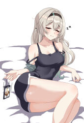 1girl absurdres alternate_costume bare_shoulders black_hairband black_shorts black_tank_top blush breasts cellphone cleavage closed_eyes closed_mouth collarbone feet_out_of_frame firefly_(honkai:_star_rail) grey_hair hair_intakes hairband highres honkai:_star_rail honkai_(series) large_breasts long_hair lying maxwelzy on_bed phone short_shorts shorts smartphone solo tank_top zzz