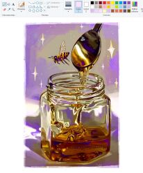 alwaysalele art_program_in_frame bee bug commentary dripping english_commentary flying food_focus honey insect jar microsoft_paint_(medium) microsoft_paint_(software) no_humans original realistic signature sparkle spoon watermark wings