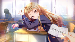 2girls blazer blue_bow blue_jacket blue_skirt bored bow braid brown_eyes brown_hair classroom closed_mouth day desk girlfriend_(kari) indoors jacket long_hair miyoshi_nao multiple_girls official_art plaid_clothes plaid_skirt qp:flapper resting school shirt sitting skirt smile sweater_vest tagme translation_request white_shirt yellow_sweater_vest
